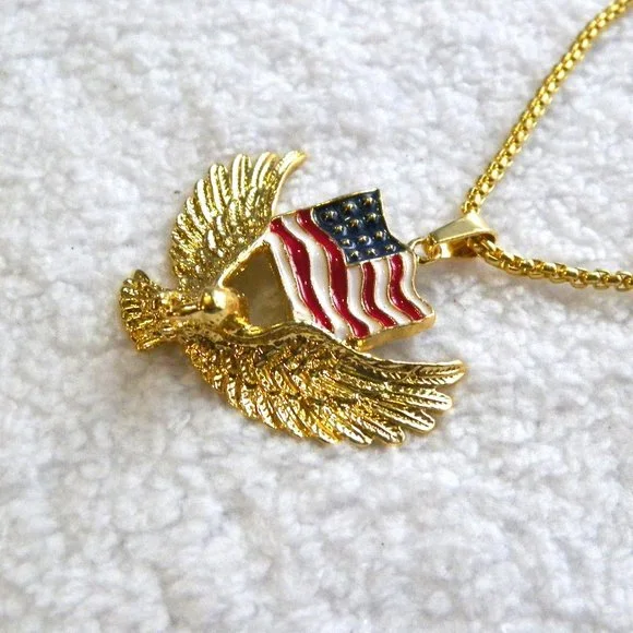 🇺🇸HOST PICK🇺🇲Gold American Flag Eagle Pendant Necklace NEW 3D 23" - Picture 6 of 9